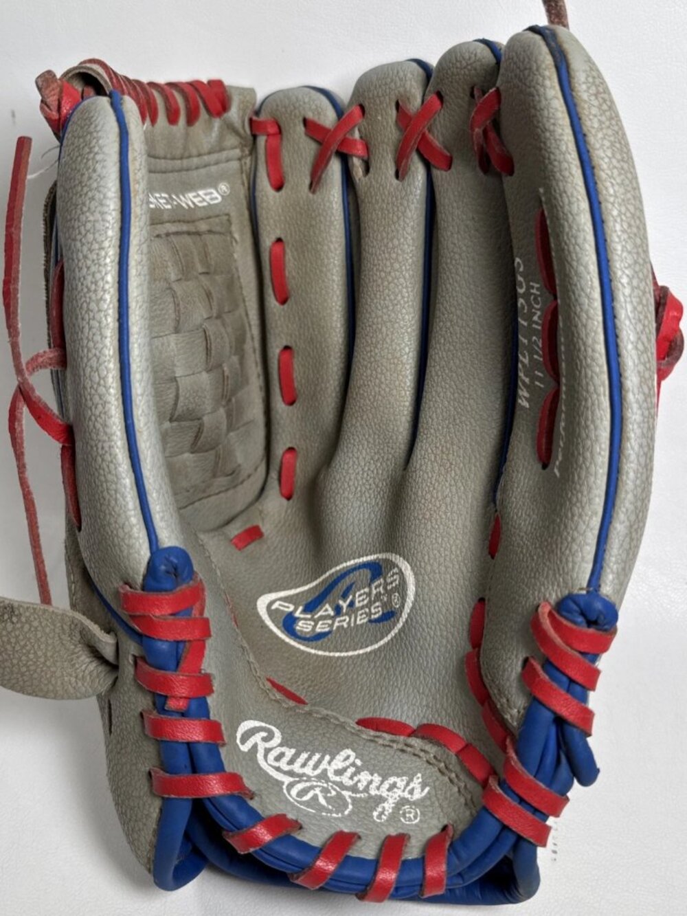 Rawlings Youth Baseball Glove 11.5" Players Series WPL115GS Grey/Blue/Red RHT